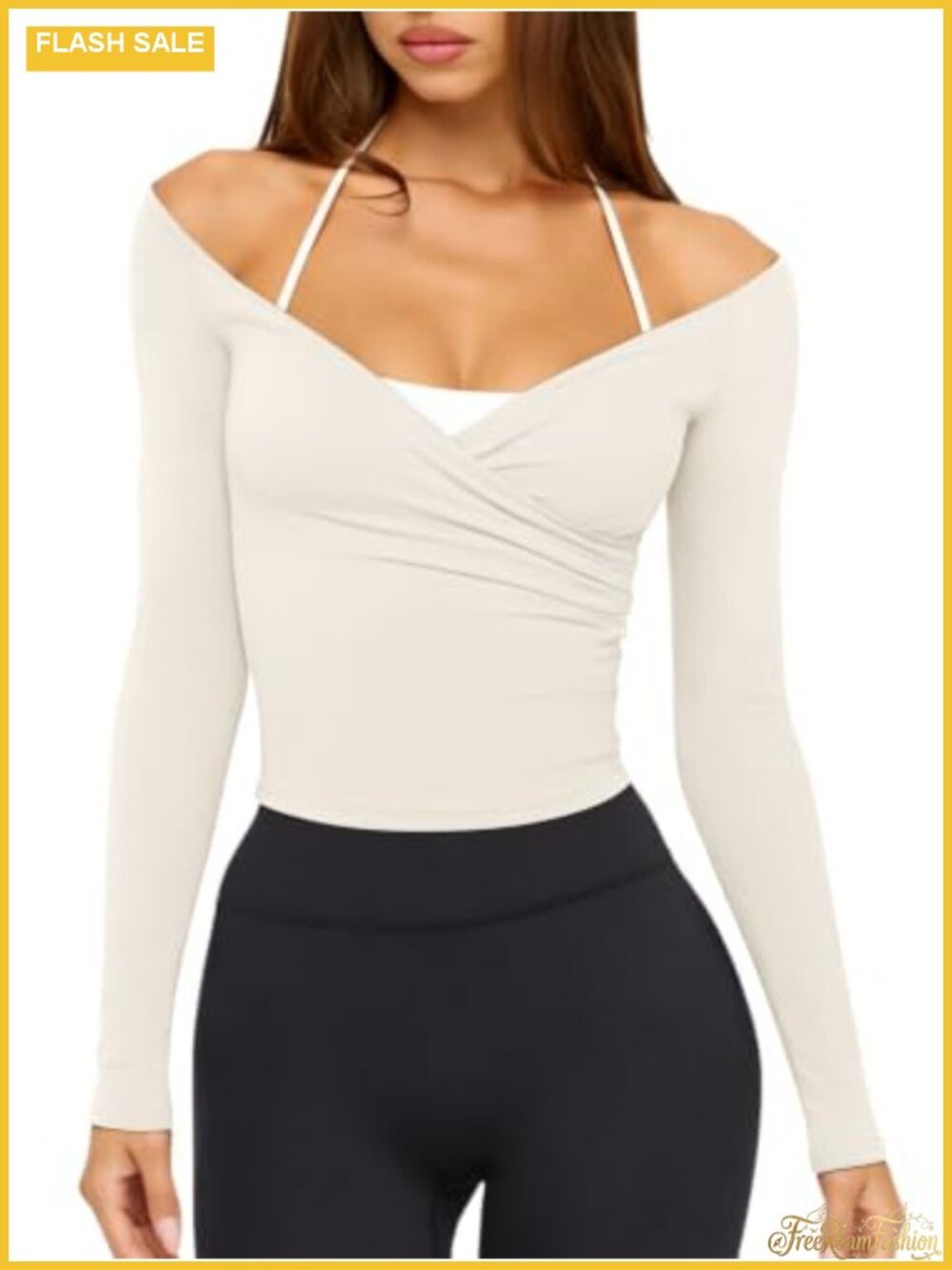 Womens Long Sleeve Wrap Top Off Shoulder V Neck Workout Yoga Crop Tee